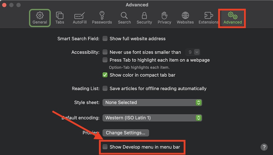 Screenshot Safari Advanced tab