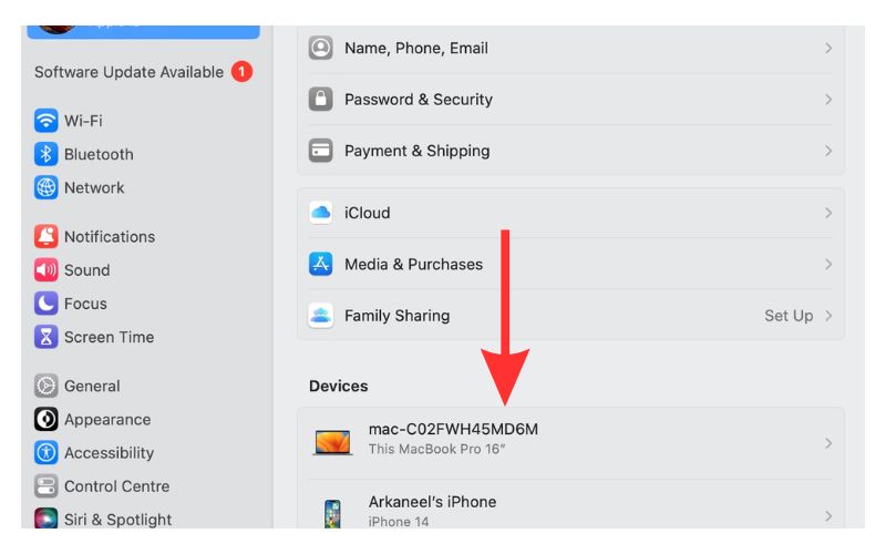 Select the device you wish to remove from Apple ID on your Mac